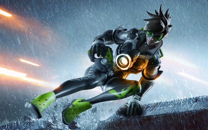 Tracer, 4k, cyber-krigare, regn, Overwatch