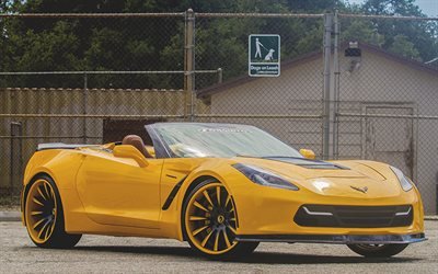 4k, la Chevrolet Corvette Stingray, tuning, 2018 voitures, supercars, la Corvette Stingray C7, Forgiato Roues, jaune Corvette, Chevrolet