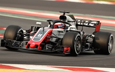 Romain Grosjean, 4k, pista de rolamento, 2018 carros, F&#243;rmula 1, HALO, F1, Haas 2018, Haas VF-18, Carros de F1, VF-18, Haas