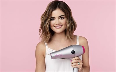 Lucy Hale, American actress, photoshoot, portrait, woman with blowpro hair dryer, smile