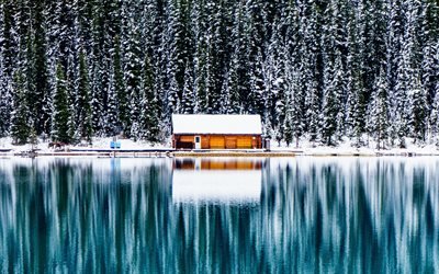 Lake Louise, in Canada, 4k, Banff, inverno, foresta, Alberta, la riflessione, la canadese punti di riferimento, Parco Nazionale di Banff