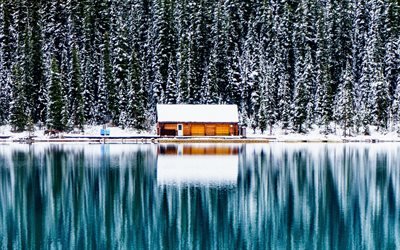 Lake Louise, au Canada, en 4k, Banff, hiver, for&#234;t, l&#39;Alberta, la r&#233;flexion, l&#39;canadienne des points de rep&#232;re, le Parc National de Banff