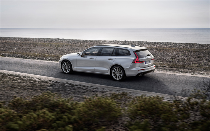 Volvo V60, 2018, 4k, exterior, rear view, new white V60, station wagon, Swedish cars, Volvo