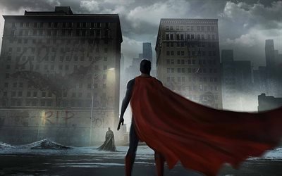 Batman vs Superman, paesaggio urbano, supereroi DC Comics, Batman, Superman