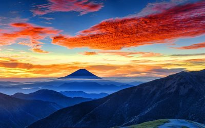 Fujiyama, 4k, le Mont Fuji, coucher de soleil, montagnes, stratovolcan, japonais rep&#232;res, Japon, Asie