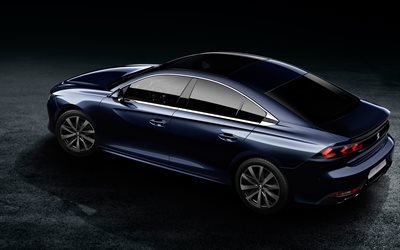 Peugeot 508, 2019, Updated model, top view, blue sedan, new blue, French cars, Peugeot