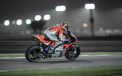 4k, Andrea Dovizioso, noite, pista de rolamento, MotoGP, 2018 motos, motociclista, sportbikes, GP do Qatar, A Ducati GP18, moto racer, Ducati, Ducati Team