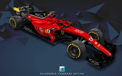 Ferrari SF71H, 4k, 3d, art, nouveau cockpit protection, concept, Formule Un, F1, Formule 1 2018, HALO, la Formule 1 de la Scuderia Ferrari, 2018 voitures, SF71H