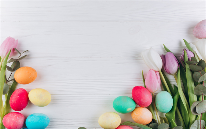 Easter eggs, pink tulips, spring flowers, Easter, colorful eggs