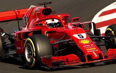 Sebastian Vettel, l&#228;hikuva, raceway, Ferrari SF71H, 2018 autoja, Scuderia Ferrari, Formula 1, uusi ferrari f1, F1, uuden ohjaamon suoja, HALO, SF71H, Ferrari, Ferrari 2018