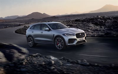 Jaguar F-Pace SVR, 2019, 4k, vista de frente, SUV de lujo, puesta de sol, de plata nueva F-Pace, Brit&#225;nico de autom&#243;viles Jaguar