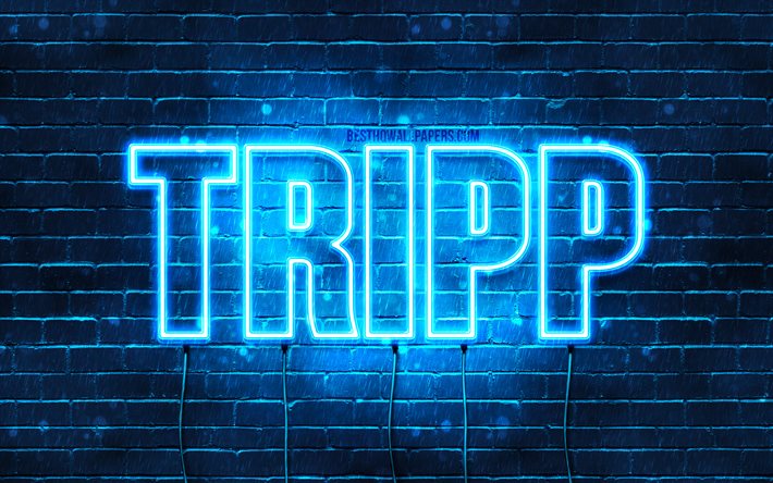 Tripp, 4k, fondos de pantalla con los nombres, el texto horizontal, Tripp nombre, luces azules de ne&#243;n, de la imagen con el nombre de Tripp