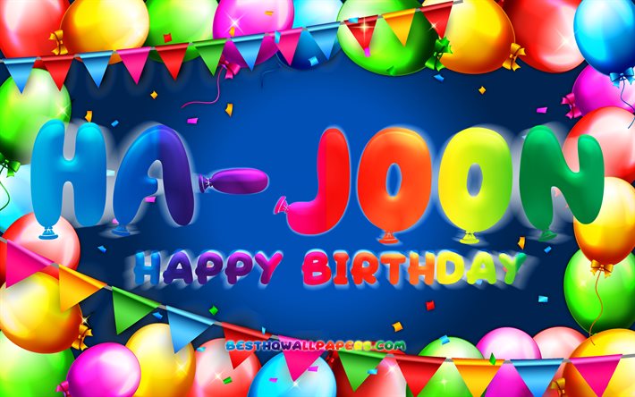 happy birthday ha-joon, 4k, bunte ballon-rahmen, ha-joon namen, blauer hintergrund, ha-joon happy birthday, ha-joon geburtstag, popul&#228;ren s&#252;dkoreanischen m&#228;nnlichen namen, geburtstag-konzept, ha-joon