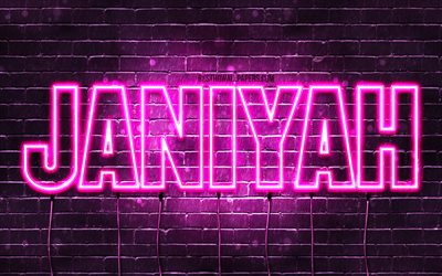 Janiyah, 4k, tapeter med namn, kvinnliga namn, Janiyah namn, lila neon lights, &#246;vergripande text, bild med Janiyah namn