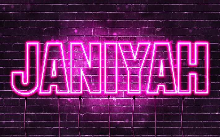 Janiyah, 4k, خلفيات أسماء, أسماء الإناث, Janiyah اسم, الأرجواني أضواء النيون, نص أفقي, صورة مع Janiyah اسم