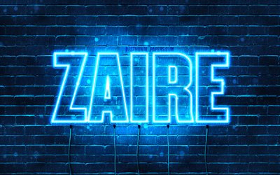 Zaire, 4k, pap&#233;is de parede com os nomes de, texto horizontal, Zaire nome, luzes de neon azuis, imagem com o nome de Zaire