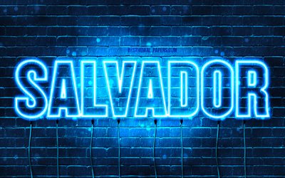 Salvador, 4k, les papiers peints avec les noms, le texte horizontal, Salvador nom, bleu néon, une photo avec le nom de Salvador