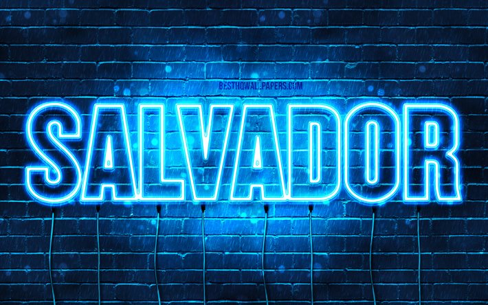 Salvador, 4k, tapeter med namn, &#246;vergripande text, Salvador namn, bl&#229;tt neonljus, bilden med namn Salvador
