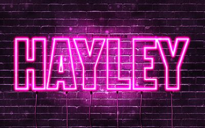 Hayley, 4k, wallpapers with names, female names, Hayley name, purple neon lights, horizontal text, picture with Hayley name