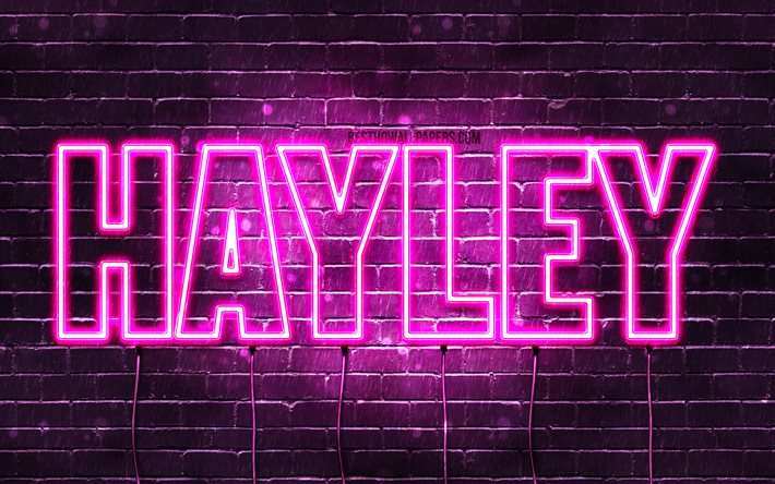 Hayley, 4k, isim Hayley adı ile, Bayan isimleri, Hayley adı, mor neon ışıkları, yatay metin, resim ile duvar kağıtları