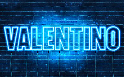 Valentino, 4k, taustakuvia nimet, vaakasuuntainen teksti, Valentino nimi, blue neon valot, kuva Valentino nimi