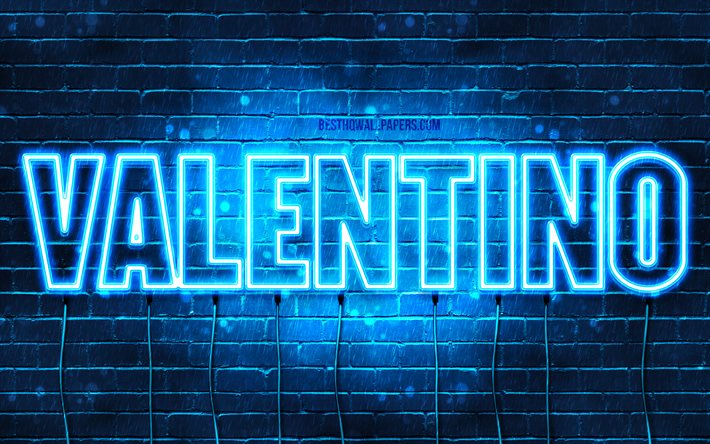 Valentino, 4k, pap&#233;is de parede com os nomes de, texto horizontal, Valentino nome, luzes de neon azuis, imagem com Valentino nome