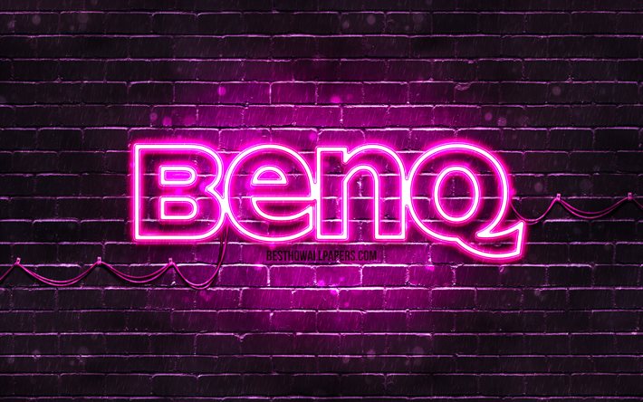 Benq viola logo, 4k, viola brickwall, Benq logo, i marchi, i driver Benq neon logo, Benq