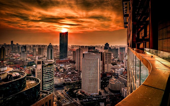 Shanghai, HDR, silueta, puesta de sol, las ciudades chinas, rascacielos, China, Asia, en la noche