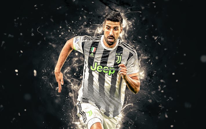 Sami Khedira, 2020, Juventus FC, white neon lights, german footballers, soccer, Serie A, Italy, Khedira, football, Juve, Bianconeri