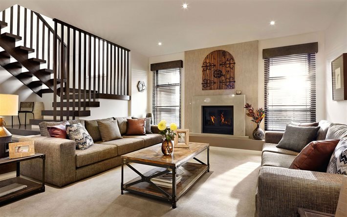 um design interior moderno, sala de estar, lareira na sala de estar, estilo retr&#244;, loft de estilo de tabela