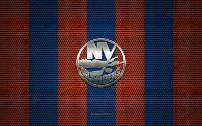 New York Islanders logo, American hockey club, metal emblem, orange-blue metal mesh background, New York Islanders, NHL, New York, USA, hockey