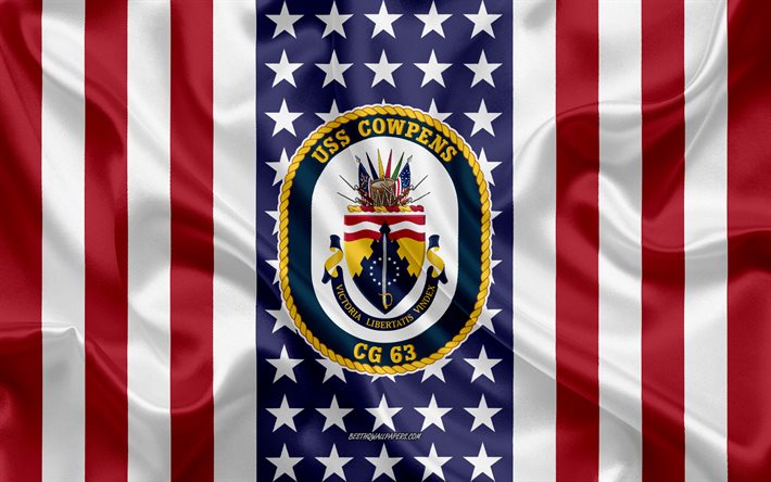 USS Cowpensエンブレム, CG-63, アメリカのフラグ, 米海軍, 米国, USS Cowpensバッジ, 米軍艦, エンブレム、オンラインでのCowpens