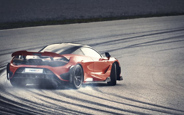 2020, McLaren 765LT, drift, Yarış Pisti, yeni turuncu 765LT, s&#252;per, İngiliz arabaları, ikiz-turbo V8, McLaren