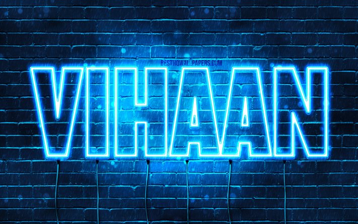 Vihaan, 4k, fondos de pantalla con los nombres, el texto horizontal, Vihaan nombre, luces azules de ne&#243;n, imagen con Vihaan nombre