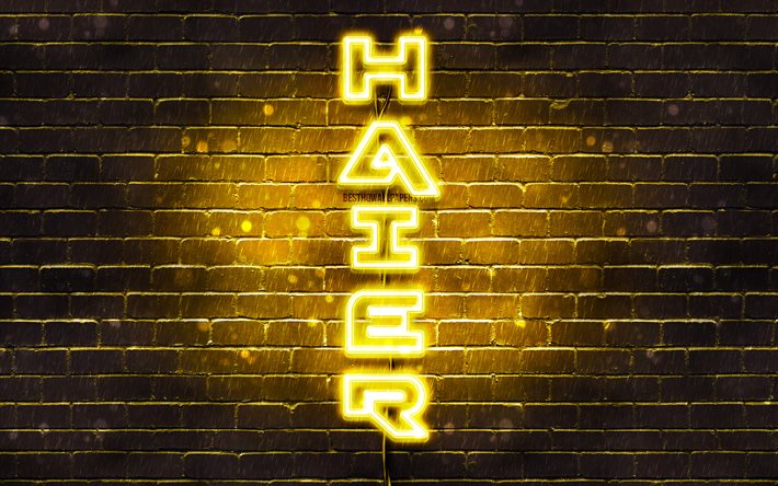 4K, Haier amarillo logo, texto vertical, amarillo brickwall, Haier ne&#243;n logotipo, creativo, Haier logotipo, im&#225;genes, Haier