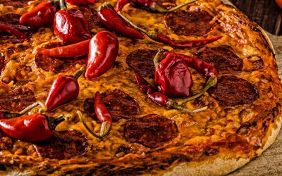 pizza com salsicha, comida r&#225;pida, pizza com pimenta vermelha, pizza, salsicha