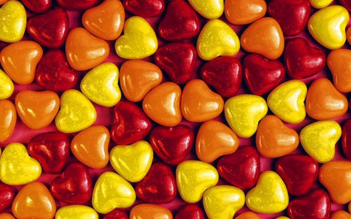 قلوب ملونة الحلوى, الحلويات, الحلوى الملونة الملمس, الحلوى, الحلوى القوام, ماكرو, الخلفيات الملونة, الحب المفاهيم