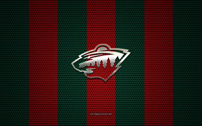 Minnesota Wild logo, American hockey club, metal emblem, red-green metal mesh background, Minnesota Wild, NHL, St Paul, Minnesota, USA, hockey