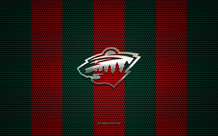 Minnesota Wild-logo, American hockey club, metalli-tunnus, punainen-vihre&#228; metalli mesh tausta, Minnesota Wild, NHL, St Paul, Minnesota, USA, j&#228;&#228;kiekko