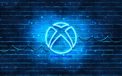 Xbox logo bleu, 4k, bleu brickwall, Xbox logo, marques, Xbox n&#233;on logo, Xbox