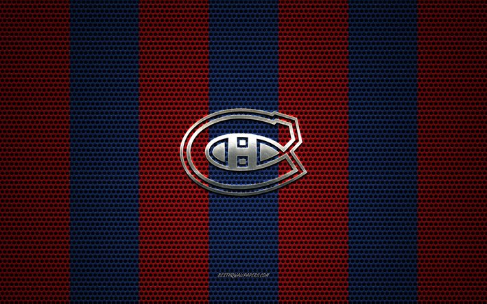 Montreal Canadiens logo, Canadian hockey club, metal emblem, red-blue metal mesh background, Montreal Canadiens, NHL, Montreal, Canada, USA, hockey