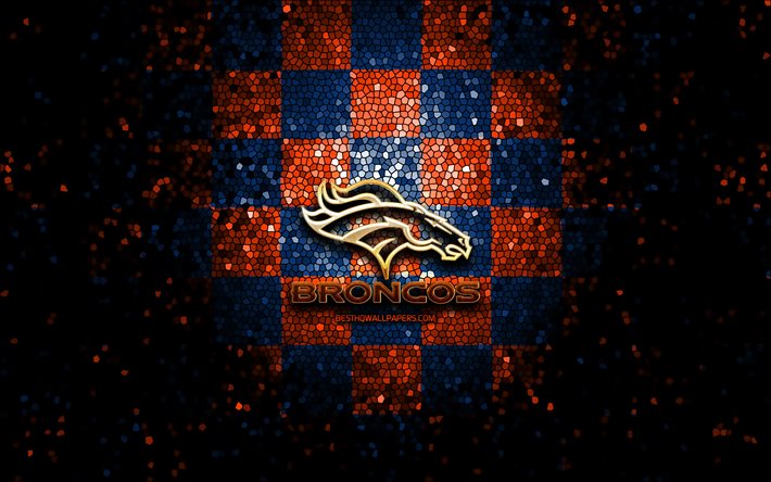 Denver Broncos, glitter logo, NFL, blue orange checkered background, USA, american football team, Denver Broncos logo, mosaic art, american football, America