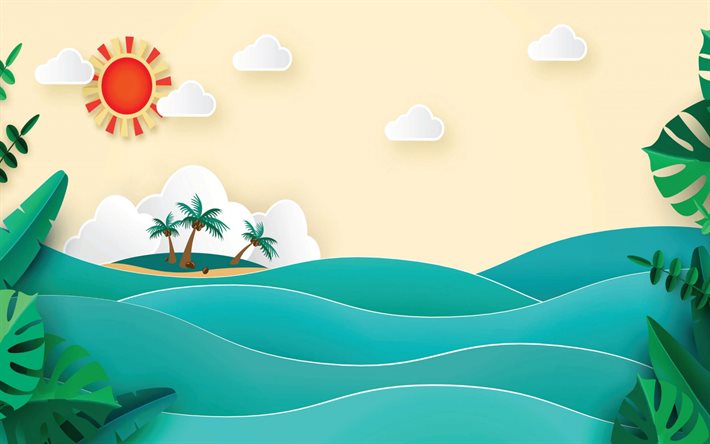 summer paper landscape, summer concepts, summer background, tropical island, palm