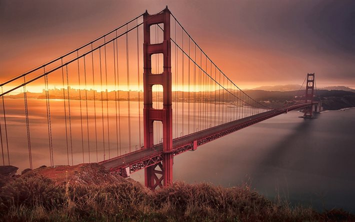 جسر البوابة الذهبية, سان فرانسيسكو, غروب الشمس, المدن الأمريكية, كاليفورنيا, مدينة سان فرانسيسكو, الولايات المتحدة الأمريكية, الجسور, مدن كاليفورنيا, أمريكا