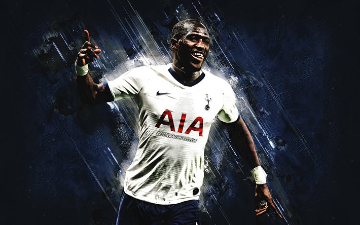 Moussa Sissoko, Tottenham Hotspur, Fransız futbolcu, portre, orta saha oyuncusu, mavi taş, arka plan, Premier Lig, futbol