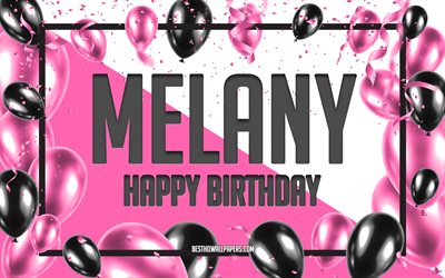 お誕生日おめでMelany, お誕生日の風船の背景, Melany, 壁紙名, Melanyお誕生日おめで, ピンク色の風船をお誕生の背景, ご挨拶カード, Melany誕生日