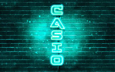 4k, t&#252;rkis-casio-logo, vertikaler text, t&#252;rkis brickwall, casio neon-logo, kreativ, casio-logo, artwork, casio