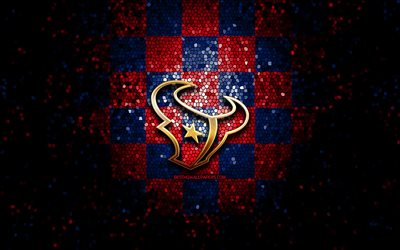Houston Texans, glitter logo, NFL, blue red checkered background, USA, american football team, Houston Texans logo, mosaic art, american football, America