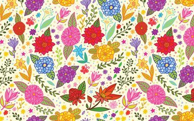 4k, flores de colores patr&#243;n, patrones abstractos, los patrones florales, abstractos, flores, abstractos patr&#243;n floral, patrones, fondo con flores, creativo, texturas florales