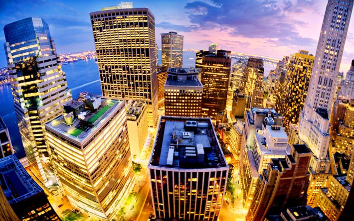 Manhattan, a New York in serata, edifici moderni, New York, grattacieli, citt&#224; dell&#39;america, America, USA, stato di New York